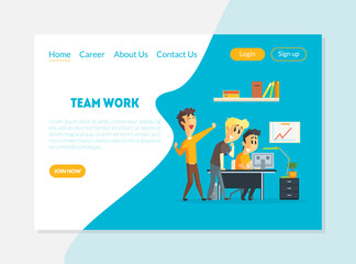Team Work Banner, Landing Page Template, People Working in Team at Business Processes and Achieving Goal Vector Illustratio
