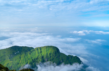 Peaks and seas of clouds under blue sky and white clouds, Emei Mountain, Sichuan Province, China