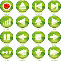 Vector illustration. Icons of media control in circular buttons. 