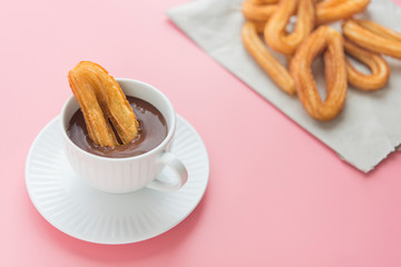 Churros with chocolat typical  sweet breakfast