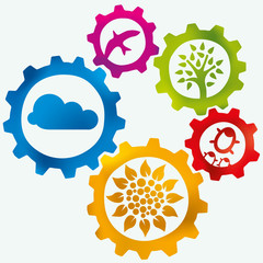 Vector illustration Nature gears with natural elements within. Soft colors.