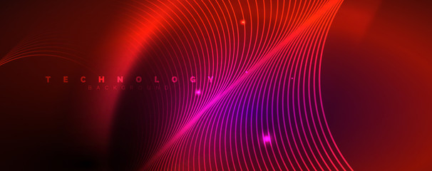 Fototapeta na wymiar Shiny neon lights, dark abstract background with blurred magic neon light curved lines