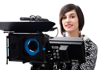 young woman with professional video camera, SLR, on white