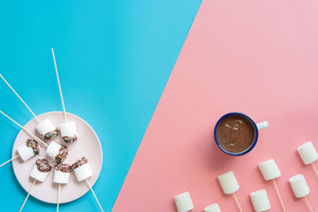 Marshmallows with chocolate in a beatiful background