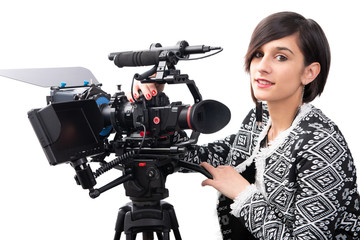 young woman with professional video camera, SLR, on white