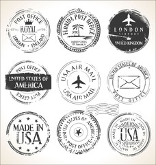 Set of postal stamps on white background mail post office air mail