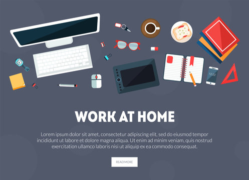 Work at Home Banner, Business Workspace, Workplace Landing Page Template Vector Illustration