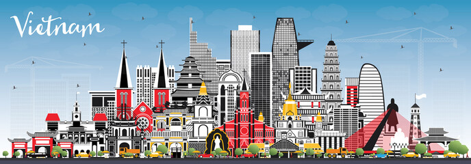 Vietnam City Skyline with Gray Buildings and Blue Sky.