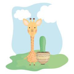 cute giraffe with exotic cactus in ceramic pot