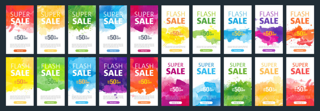 Watercolor background sale mobile banners design template set for social media marketing	
