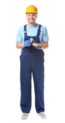 Male carpenter on white background