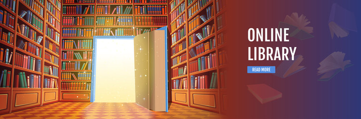 Library book shelves cartoon vector illustration. Online library.