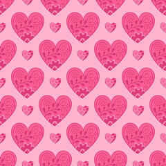 Fototapeta na wymiar Bright Romantic Seamless Pattern of Pink Hearts on Light Backdrop.