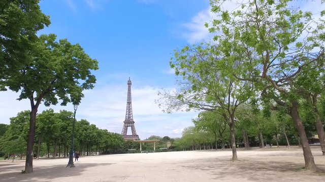 Eiffel Tower during spring time in Paris France cinematic steadicam shot