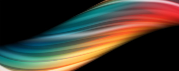 Abstract wave lines fluid rainbow style color stripes on black background. Artistic illustration for presentation, app wallpaper, banner or poster