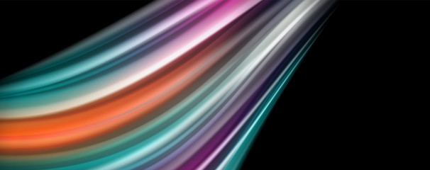 Abstract wave lines fluid rainbow style color stripes on black background. Artistic illustration for presentation, app wallpaper, banner or poster