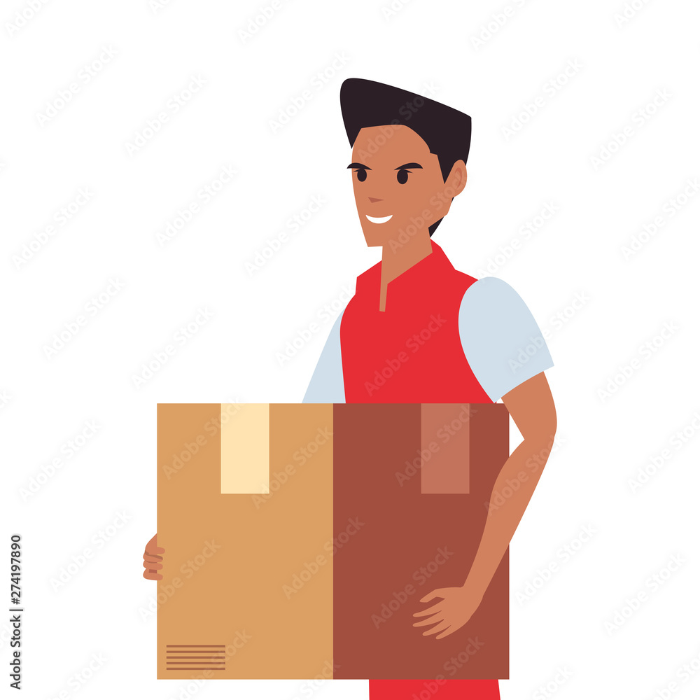 Poster man with package fast delivery logistic icon vector ilustrate