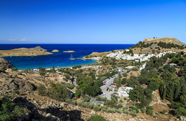 Aerial birds eye view on Saint Paul bay near village Lindos, Rhodes island