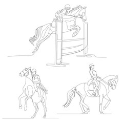 Continuous one line horseman set. Equestrianism sport, Summer Olympic Games. Vector