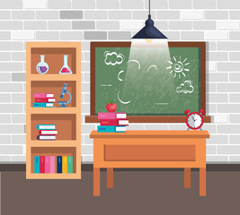 classroom scene with teacher desk and supplies