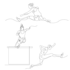 Continuous one line hurdling runner set. Summer Olympic Games. Vector