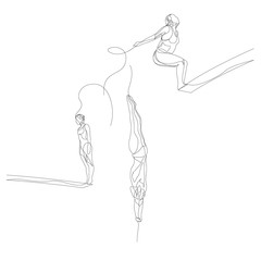 Continuous one line athlete jump in water or fall in water set. Summer Olympic Games. Vector
