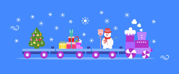 Train carries Christmas tree, snowman, gifts.