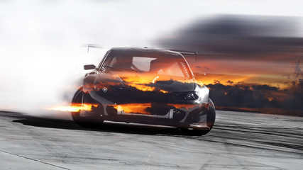 Double exposure sunset with car drifting, Blurred of image diffusion race drift car with lots of smoke from burning tires - obrazy, fototapety, plakaty