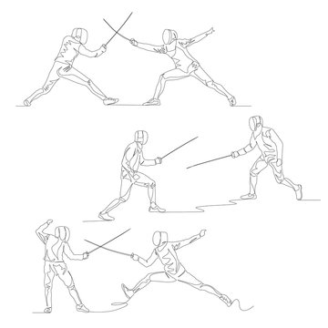 Continuous One Line Fencer Set. Summer Olympic Games. Vector