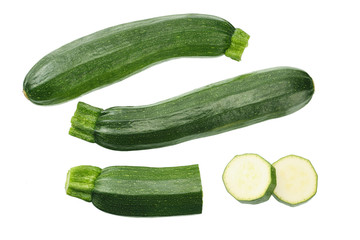 fresh green zucchini with slice isolated on white background. top view