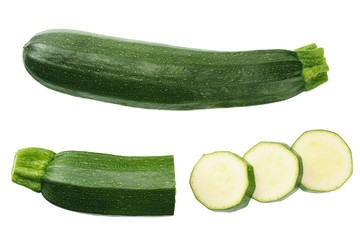 fresh green zucchini with slice isolated on white background. top view