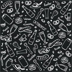 Vector background with beer, snacks and seafood. Useful for packaging, menu design and interior decorating. Hand drawn lettering and doodle. Illustration isolated on black background. Oktoberfest. 
