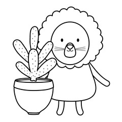 cute lion with exotic cactus in ceramic pot