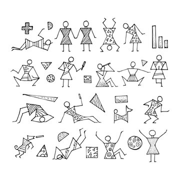 Big set of stick figures for infographics. Includes small geometric elements. People lifestyle. Cartoon icons set. Sketch Hand drawn vector illustration isolated on white.
