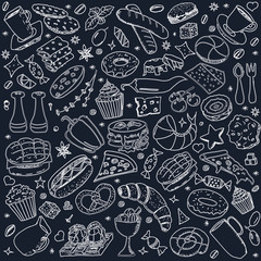 Vector background with breakfast, lunch, coffee pizza snacks. Useful for packaging, menu design and interior decoration. Hand drawn doodles.  Sketchy collection of food elements on white background.