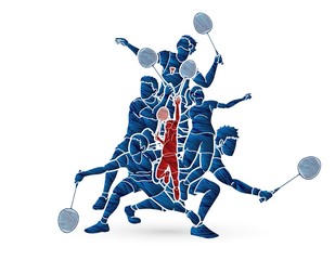 Badminton player action cartoon graphic vector - obrazy, fototapety, plakaty
