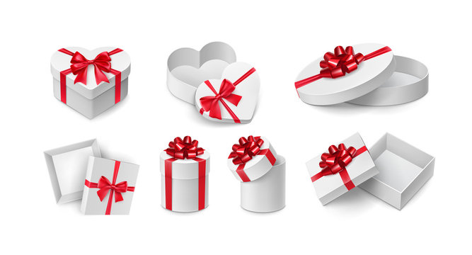 Different cardboard boxes with red ribbon bows. Perfume or cosmetics festive packing for present. Christmas or birthday gift boxes with red tape. Many realistic containers isolated vector illustration