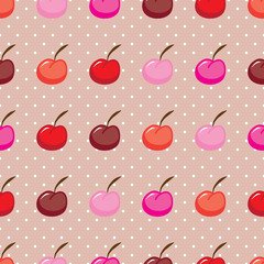 Cute colorful cherry fruit seamless vector pattern on polka dots background
