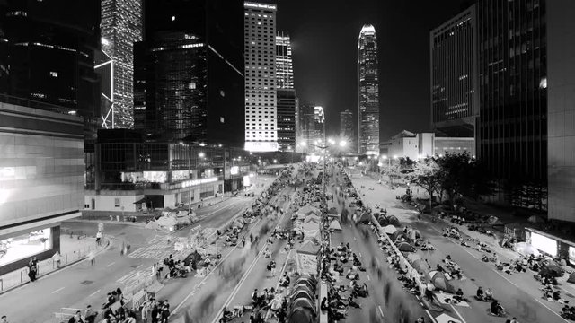 Black And White Timelapse Of Hong Kong Political Protest, Student Protest Blocking Queens' Road Central In Hong Kong.