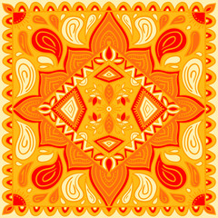 Bright colorful rug ornamental background with traditional pattern. Ethnic ornament. Design for carpet, yoga mat, textile, greeting card, banner.