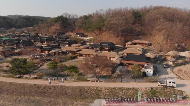 Korean traditional village aerial lateral slide view
