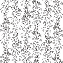 Digital hand drawn sketch illustration seamless pattern background with two floral elements isolated on white