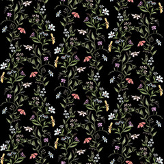 Digital hand drawn sketch illustration seamless pattern background with two floral elements on black