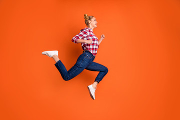Full length side profile body size photo amazing funny she her lady jumping high sporty body shape...