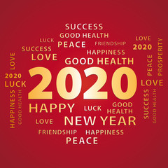 2020 Happy New Year red and gold greeting card. Vector illustration.