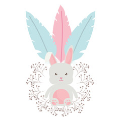 cute little rabbit with flowers and feathers frame