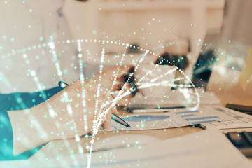 Man's hands working with notes background. Genetic engineering and gene manipulation concept.