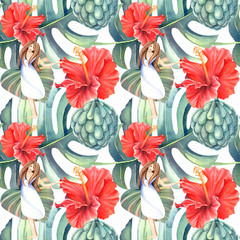 Tropical seamless pattern with red hibiskus flowers, beautiful dansing girl, vintage tropical leaves. Hand painted in watercolor. Perfect for design, patterns, greeting cards, posters, website, DIY  © Evgeniia