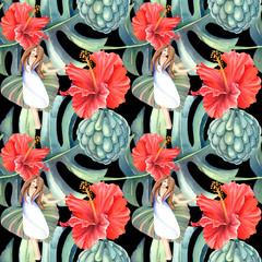 ropical seamless pattern with red hibiskus flowers, beautiful dansing girl, vintage tropical leaves on a dark background. Hand painted in watercolor. Perfect for design, patterns, greeting cards, pos © Evgeniia