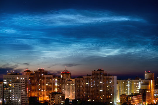 Noctilucent clouds over Yekaterinburg city downtown at summer night